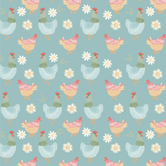alternating pattern of chickens and hens with scattered floral blooms and leaf sprigs on a light teal background.