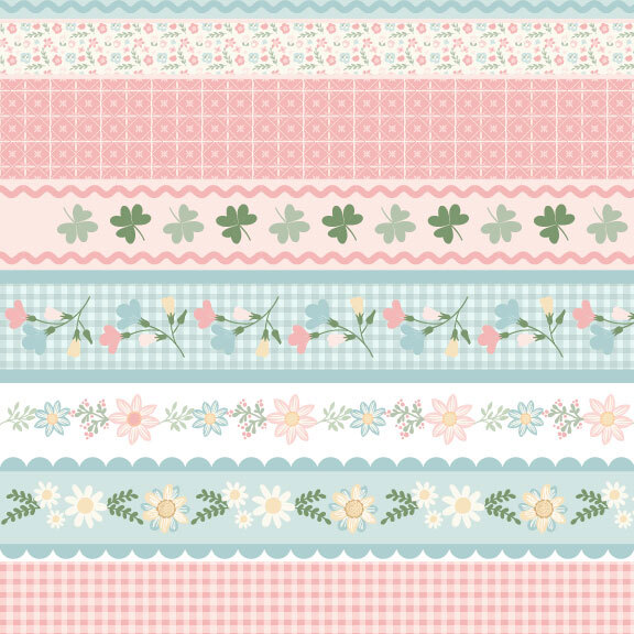 Pink, white and blue, border stripe fabric featuring alternating checkers, florals, scallops, and clover motifs.