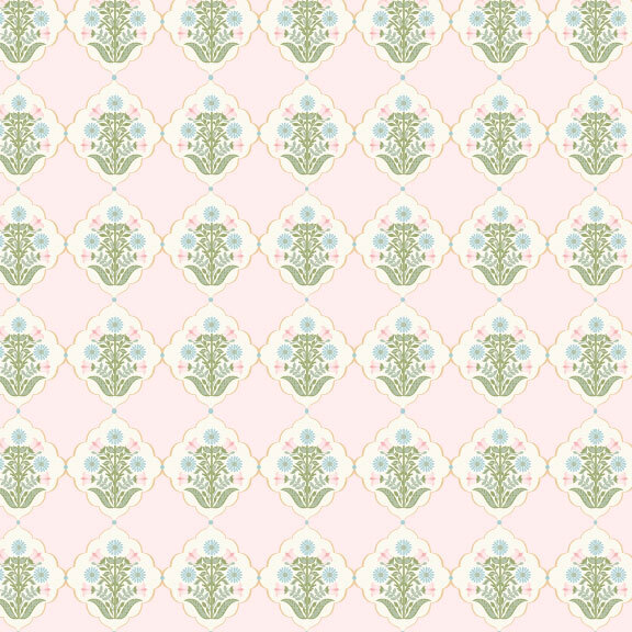 repeating damask pattern with blue and pink blossoms and elegant green stems on a pale pink background.