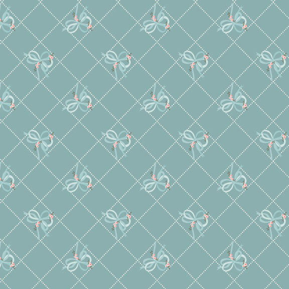 Medium teal fabric featuring blue bows intertwined with pink and green florals accented by a white dotted, diamond grid pattern 