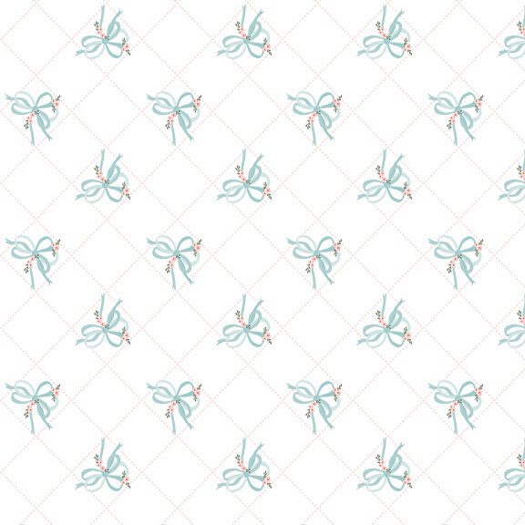 Snow white fabric featuring blue bows intertwined with pink and green florals accented by a pink dotted, diamond grid pattern 