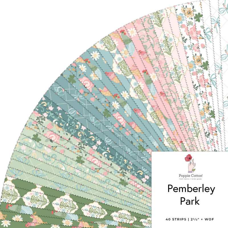 Pemberley Park jelly roll collage featuring florals, damasks, and bird prints in hues of green, blue, pink, and white.