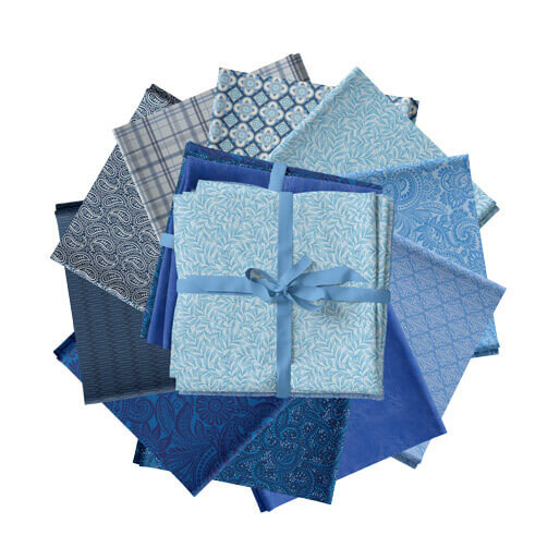 The color elements blue fat quarter bundle isolated on a white background. 
