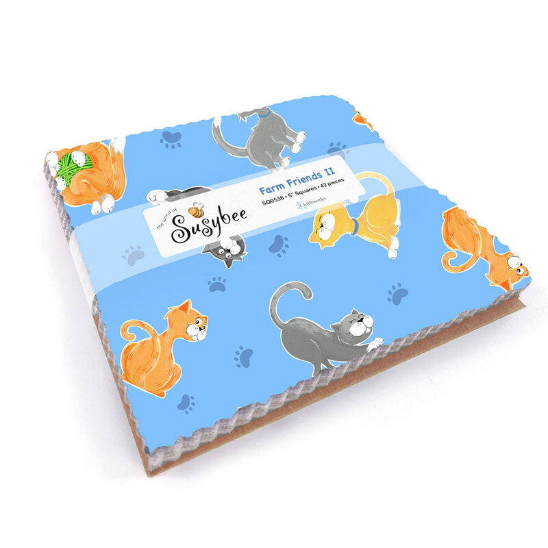 5" Square precut with blue, green, and yellow cat themed fabrics.