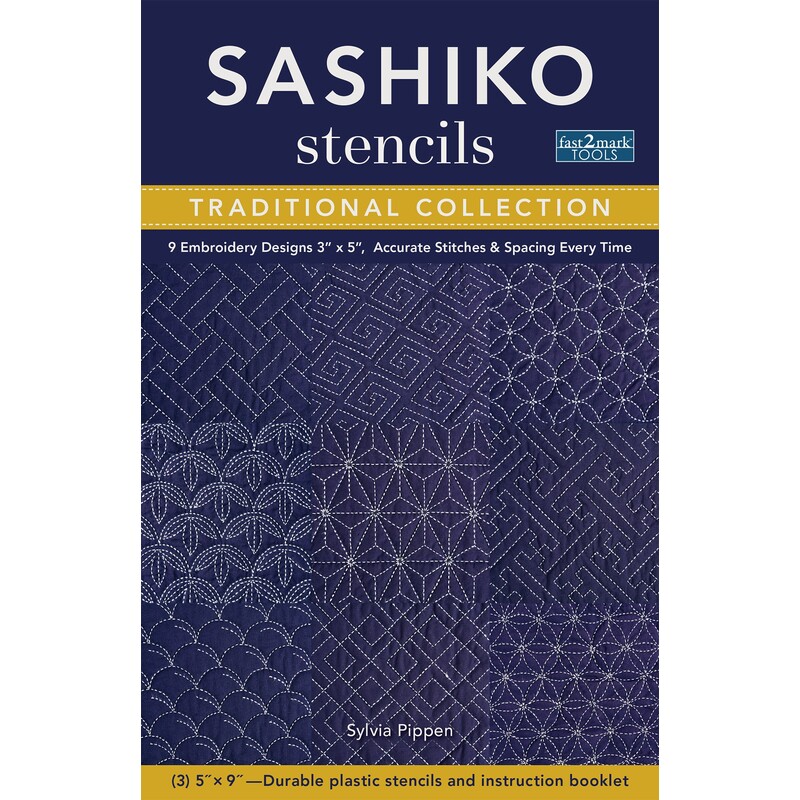 Front of the pattern booklet featuring 9 sashiko designs stitched onto fabric, along with the title and designer information.