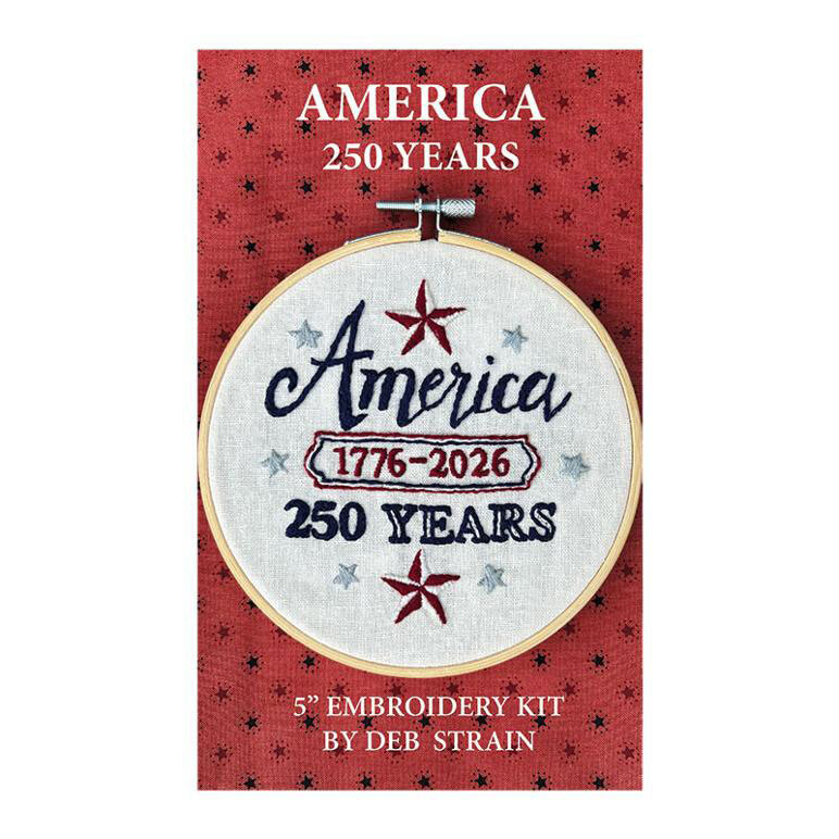 The front of the America 250 Years embroidery kit by Deb Strain. 
