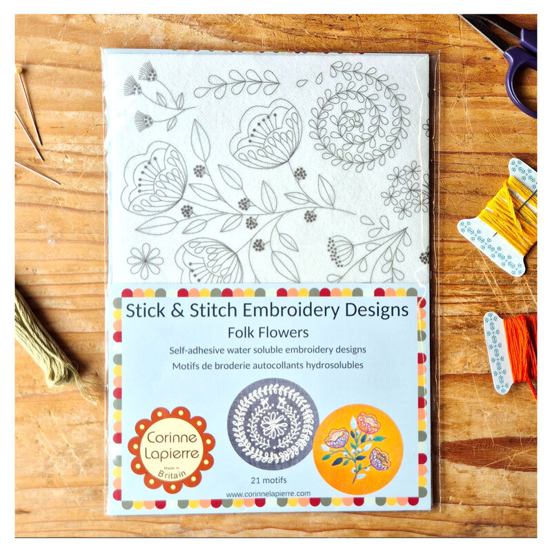 The front of the folk flowers stick and stitch embroidery designs transfer sheets. 