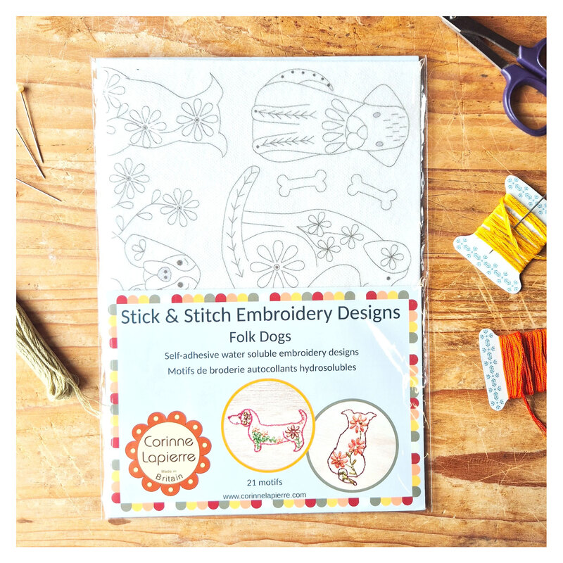 The front of the folk Dogs stick and stitch embroidery designs transfer sheets. 
