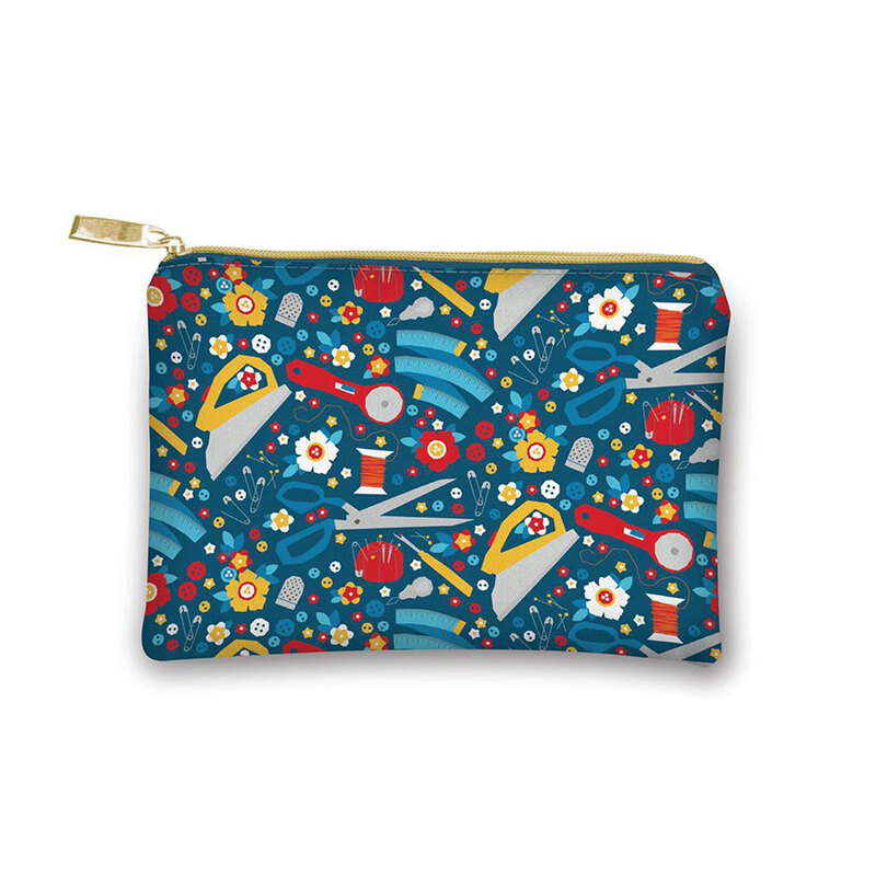 Blue zipper pouch with a colorful pattern, isolated on a white background. 