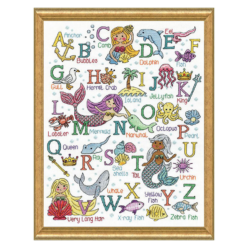 framed cross stitch project featuring an ocean and mermaid themed ABC design