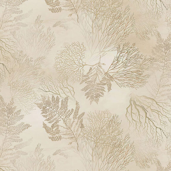 Mottled soft taupe fabric with tonal leaves and branches.