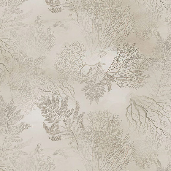 Mottled greige fabric with tonal leaves and branches.