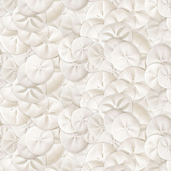 Packed fabric with an assortment of cream-colored sand dollars.