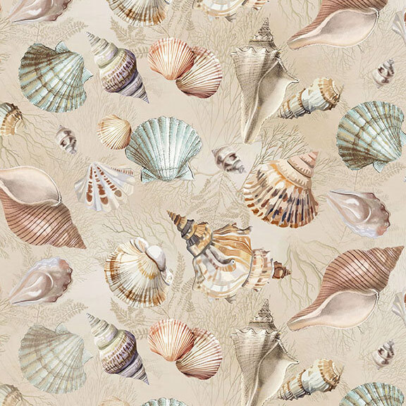 Mottled tan fabric with tonal leaves and branches topped with an assortment of multicolor seashells.