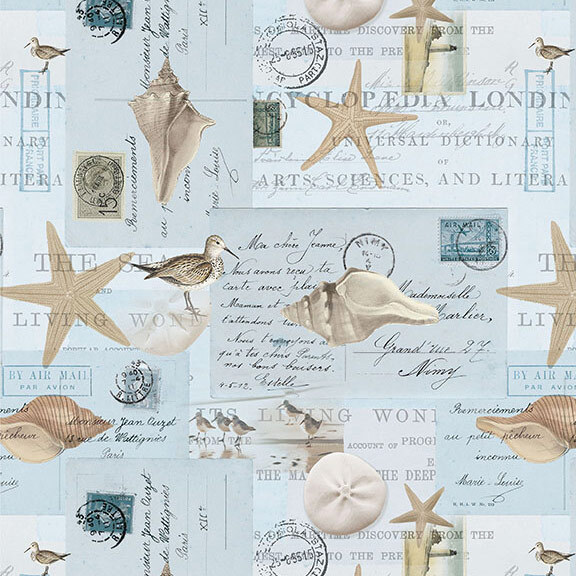 Pale blue conversational vintage collage fabric topped with birds, starfish, and seashells.