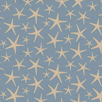 Cadet blue textured fabric with scattered tan starfish.