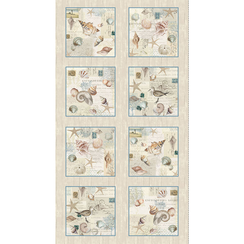 Sandy beige, plank textured panel with blocks of conversational vintage fabrics topped with beach treasures.