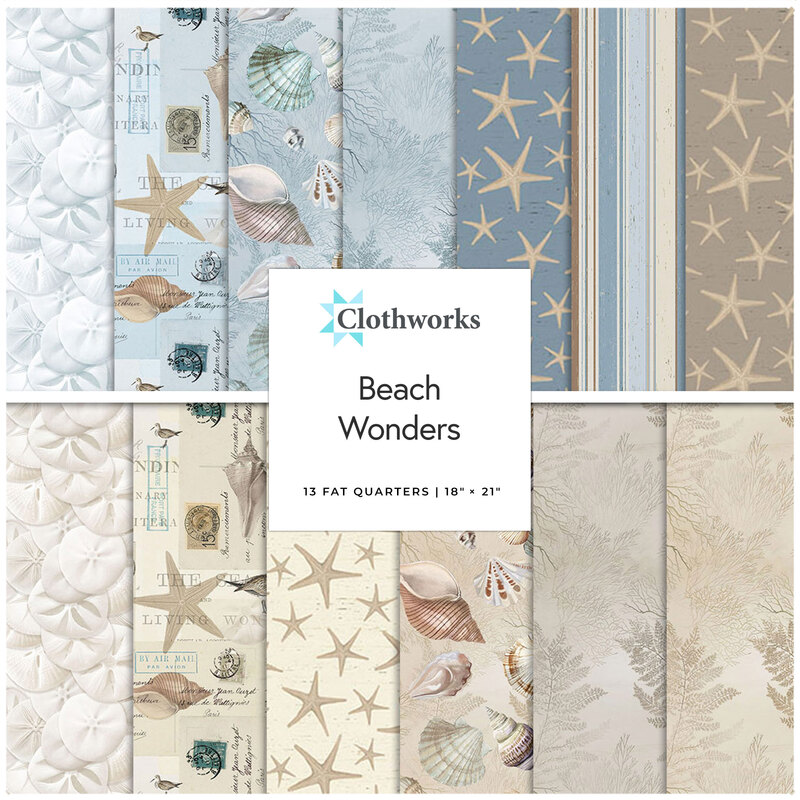 Collage of the Fat Quarter Bundle from the Beach Wonders fabric collection.