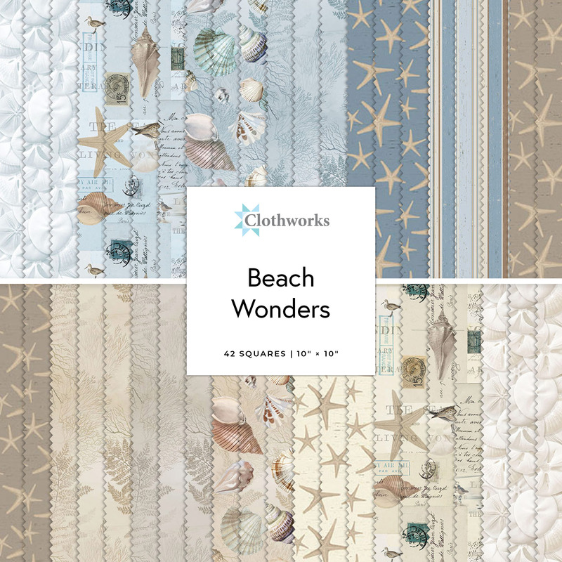 Collage of the 10" Squares Bundle from the Beach Wonders fabric collection.