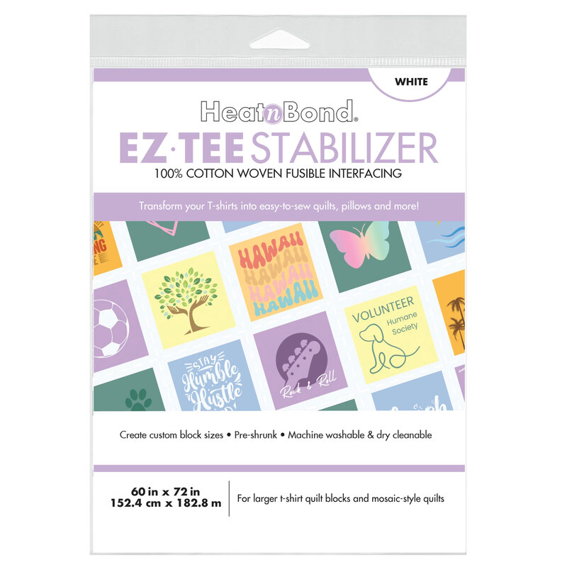 Package of Heat n Bond EZ-TEE stabilizer, 100% cotton, white fabric for T-shirt quilting projects.