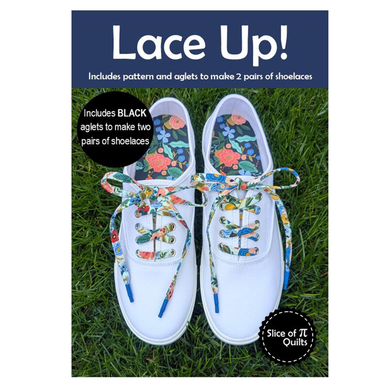 Image of the black Lace Up! pattern featuring white sneakers with colorful laces and blue shoe aglets