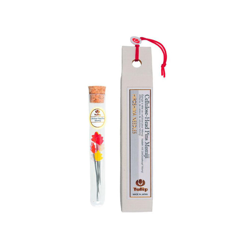 10 piece set of Tulip Straight Momiji Head Pins in a thin container next to a cream-colored carton package.