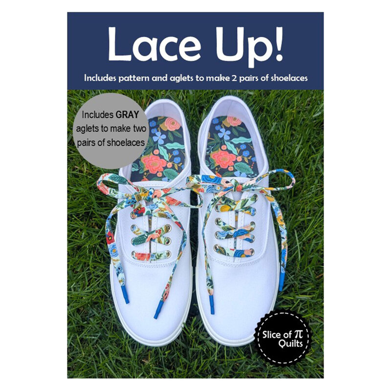 Image of the gray Lace Up! pattern featuring white sneakers with colorful laces and blue shoe aglets