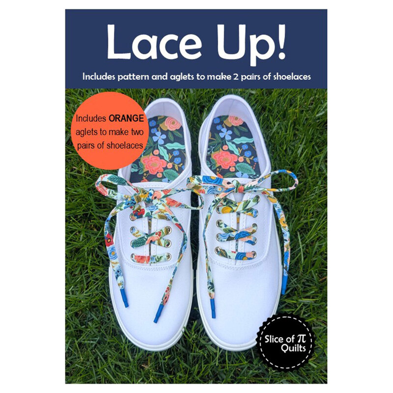 Image of the orange Lace Up! pattern featuring white sneakers with colorful laces and blue shoe aglets
