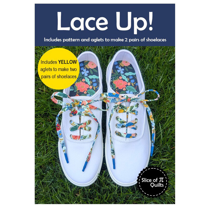 Image of the yellow Lace Up! pattern featuring white sneakers with colorful laces and blue shoe aglets