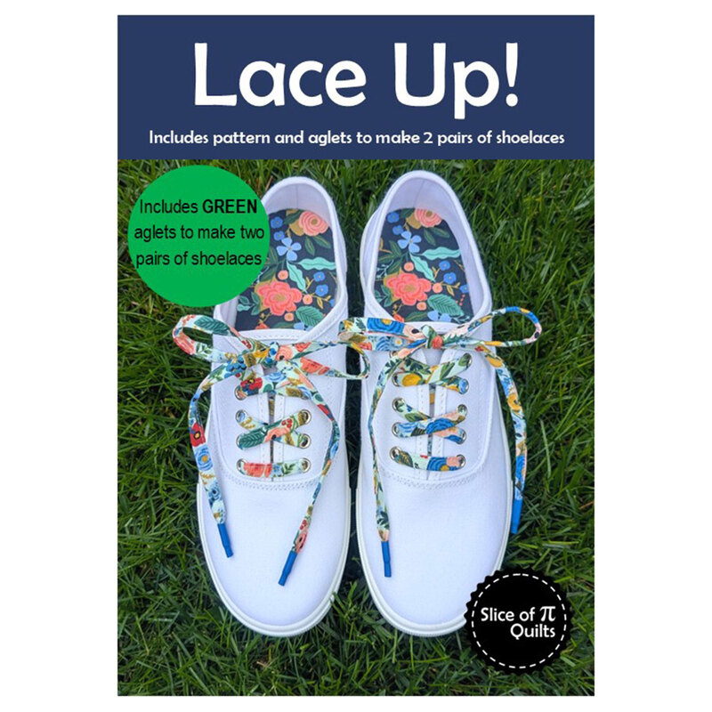 Image of the green Lace Up! pattern featuring white sneakers with colorful laces and blue shoe aglets