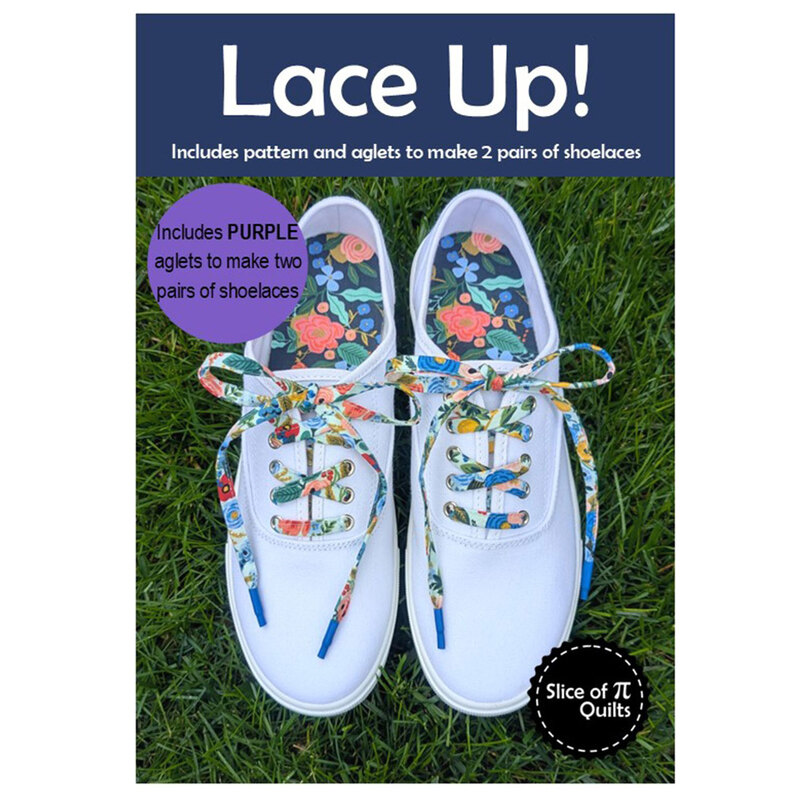 Image of the purple Lace Up! pattern featuring white sneakers with colorful laces and blue shoe aglets