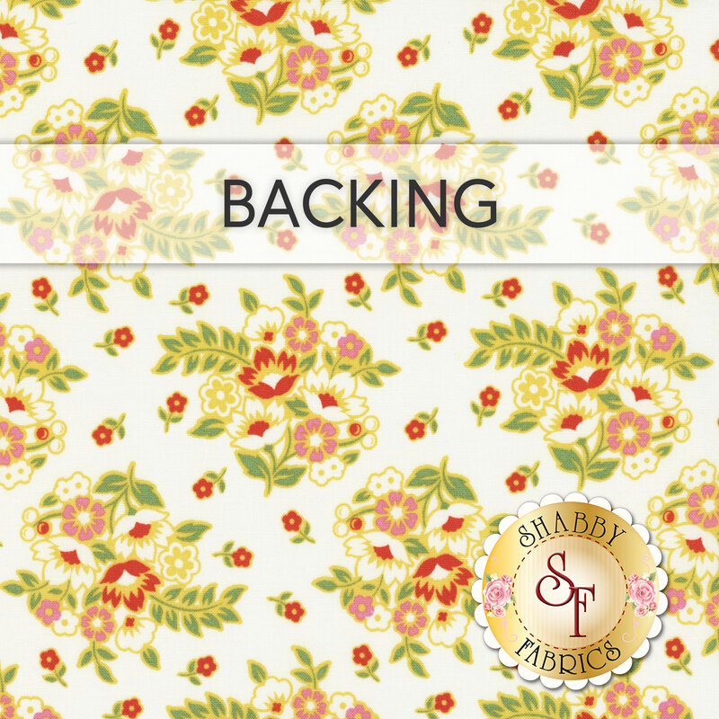 White swatch of fabric featuring yellow, green, and red florals; a transparent banner at the top reads "Backing."