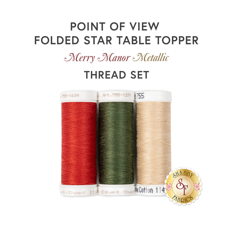 Three spools of red, green, and cream thread, isolated on a white background. 