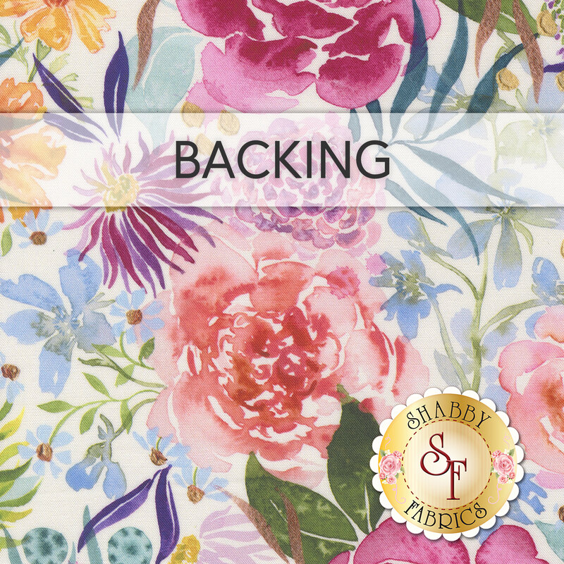 A swatch of multicolor fabric with colorful watercolor flowers. A transparent banner at the top reads "Backing" and a golden Shabby Fabrics logo sits in the bottom right corner.