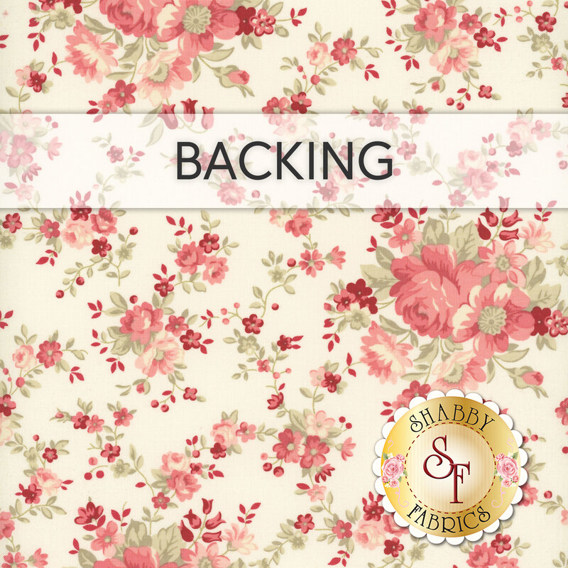 A swatch of cream fabric with small, sprawling flowers and vines. A transparent banner at the top reads "Backing" and a golden Shabby Fabrics logo sits in the bottom right corner.