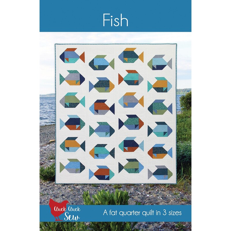The front of the Fish quilt pattern featuring a patchwork geometric fish quilt by Cluck Cluck Sew.