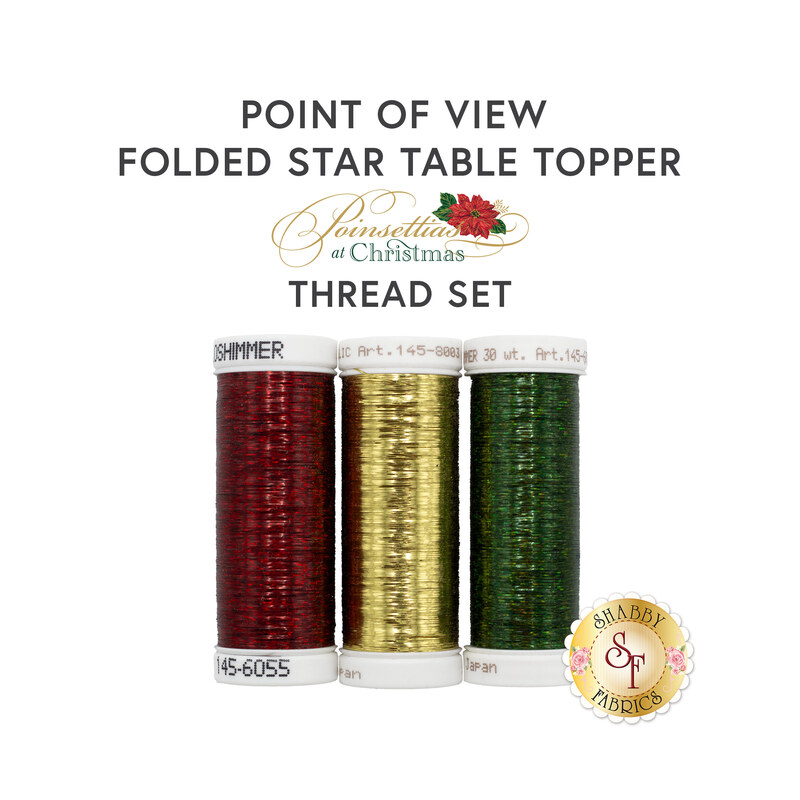 Three spools of red, green, and gold metallic thread, isolated on a white background. 