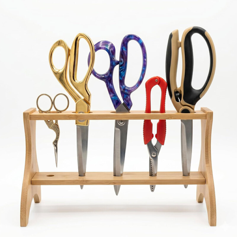 The bamboo scissor stand with scissors isolated on a white background. 