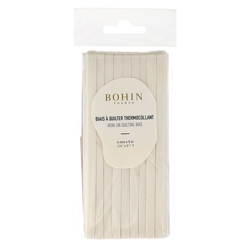Of white bias tape in packaging labeled Bohin iron on quilting bias, isolated on a white background.