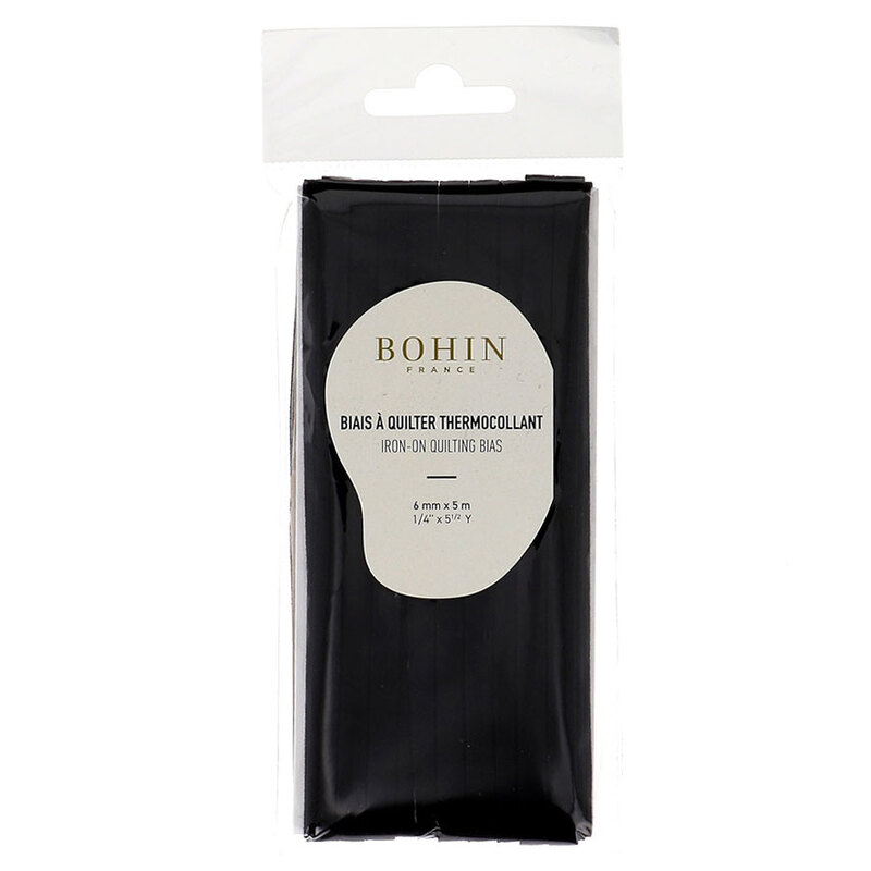 Black bias tape in packaging labeled Bohin iron on quilting bias, isolated on a white background.