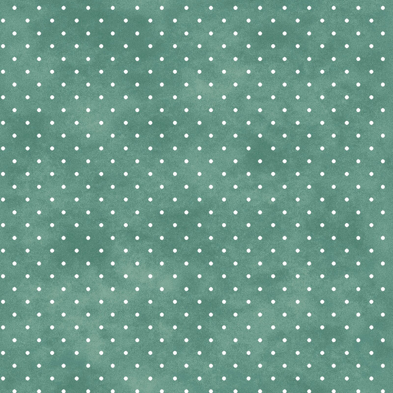 Mottled pine green fabric with small white polka dot pattern.
