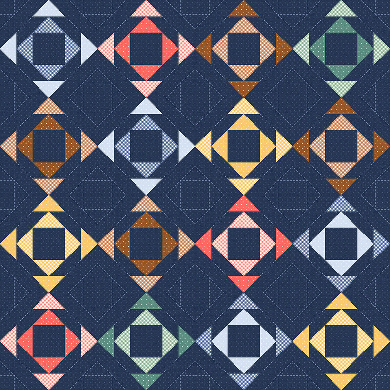 Navy cheater fabric with a geometric grid of multicolor economy blocks.