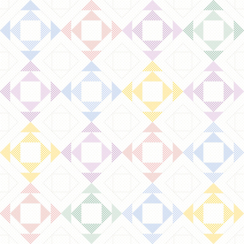 White cheater fabric with a geometric grid of multicolor pastel economy blocks.