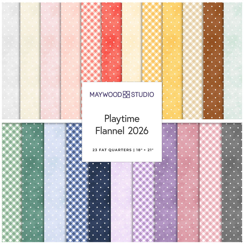 Collage of the Fat Quarter Bundle from the Playtime Flannel 2026 fabric collection.