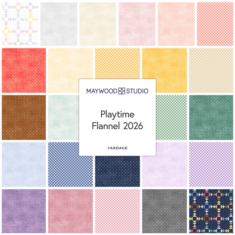 Collage of the available yardage fabrics from the Playtime Flannel 2026 fabric collection.