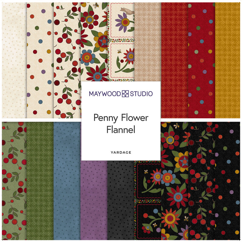 Collage of the available yardage fabrics from the Penny Flower Flannel fabric collection.