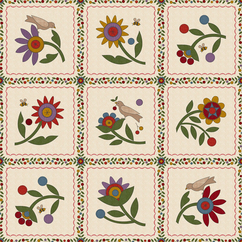 Cream fabric with blocks of multicolor florals separated by cherry vines.