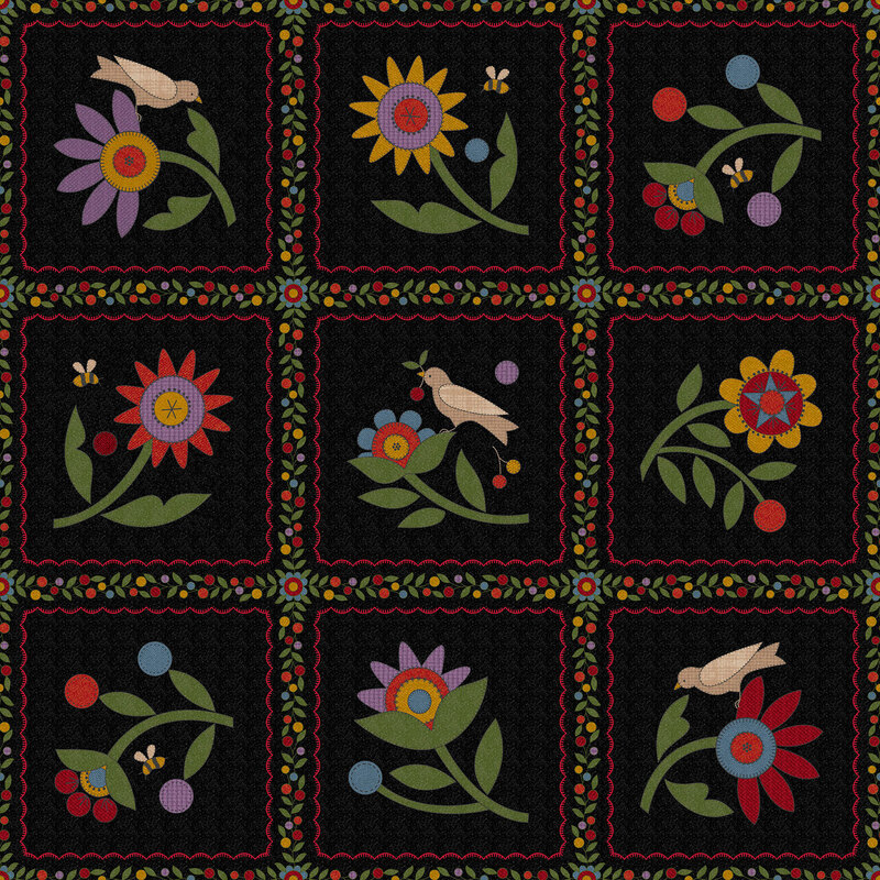 Black fabric with blocks of multicolor florals separated by cherry vines.