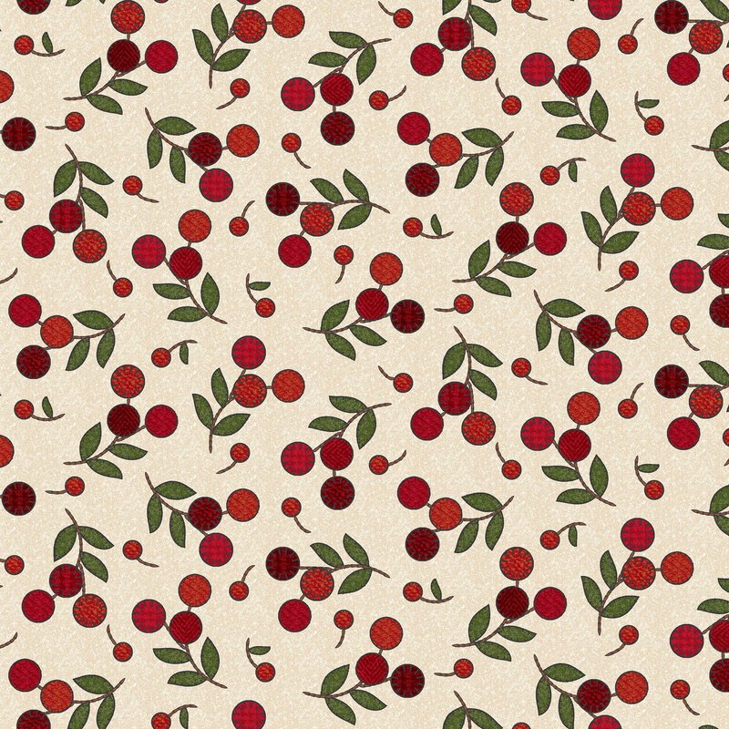 Cream fabric with tossed sprigs of red cherries and single cherries.