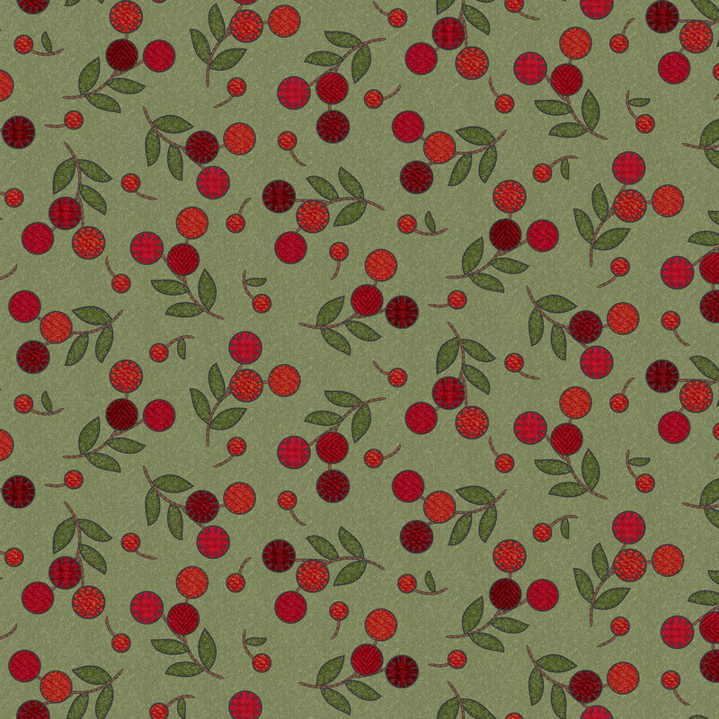 Dark sage fabric with tossed sprigs of red cherries and single cherries.